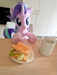 Size: 768x1024 | Tagged: safe, artist:nekokevin, starlight glimmer, pony, unicorn, series:nekokevin's glimmy, g4, chair, female, food, irl, mare, mug, open mouth, photo, plushie, sandwich, sitting, smiling, underhoof