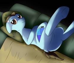 Size: 963x830 | Tagged: safe, artist:wolftendragon, android, earth pony, pony, robot, bored, butt, connor, couch, dark, dark background, detroit: become human, dock, featureless crotch, lidded eyes, lying down, male, on back, pillow, plot, ponified, rk800, solo, stallion, underhoof, watching tv