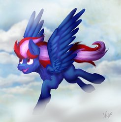 Size: 1970x2000 | Tagged: safe, artist:noxi1_48, oc, pegasus, pony, fluffy, happy, in the sky, pegasus oc, solo, wing open