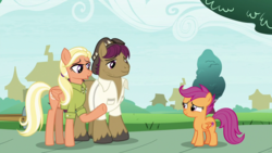 Size: 1920x1080 | Tagged: safe, screencap, mane allgood, scootaloo, snap shutter, earth pony, pegasus, pony, g4, the last crusade, female, filly, foal, male, mare, stallion, trio