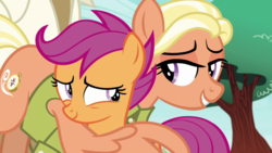 Size: 1920x1080 | Tagged: safe, screencap, mane allgood, scootaloo, pony, g4, the last crusade, duo, female, lidded eyes, loving mother, mother and daughter, smiling