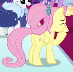 Size: 478x468 | Tagged: safe, screencap, fluttershy, rarity, pegasus, pony, unicorn, g4, the last problem, butt, cropped, female, mare, offscreen character, older, older fluttershy, older rarity, plot, raised hoof