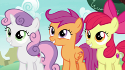 Size: 1920x1080 | Tagged: safe, screencap, apple bloom, scootaloo, sweetie belle, earth pony, pony, g4, the last crusade, 1080p, adorabloom, cute, cutealoo, cutie mark crusaders, diasweetes