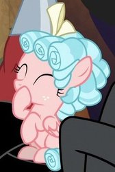 Size: 263x392 | Tagged: safe, screencap, cozy glow, lord tirek, centaur, pegasus, pony, frenemies (episode), g4, cozybetes, cropped, curly hair, cute, evil lair, eyes closed, female, filly, foal, freckles, giggling, grogar's lair, hair bow, hoof over mouth, lair, sitting, solo focus