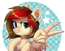 Size: 2727x2164 | Tagged: safe, artist:trickate, oc, oc only, pegasus, pony, bust, female, high res, hoof on chest, mare, peace sign, portrait, smiling, solo, wing hands, wings