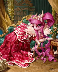 Size: 1791x2205 | Tagged: safe, artist:holivi, oc, oc only, original species, pony, bust, clothes, commission, costume porn, couch, digital painting, dress, fainting couch, female, furniture, gown, horns, indoors, jewelry, lidded eyes, long mane, looking at you, lounging, luxury, lying down, makeup, mare, portrait, smiling, solo, tiara
