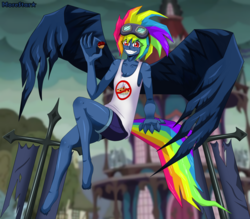 Size: 5682x4984 | Tagged: safe, artist:morestar, rainbow dash, human, g4, secrets and pies, clothes, evil grin, evil pie hater dash, female, flying, goggles, grin, humanized, pony coloring, ponyville town hall, scene interpretation, smiling, solo, tank top, winged humanization, wings