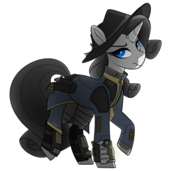 Size: 1050x1050 | Tagged: safe, artist:crimmharmony, oc, oc:shadow spade, pony, unicorn, fallout equestria, fallout equestria: kingpin, armored legs, beauty mark, blank, blank of rarity, blue eyes, boots, clothes, commissioner:genki, fedora, female, gun, handgun, hat, jumpsuit, justice mare, lawbringer, mare, not rarity, pipboy, pipbuck, raised hoof, raised leg, revolver, shoes, simple background, solo, stable 232, transparent background, vault suit