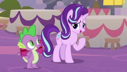 Size: 1920x1080 | Tagged: safe, screencap, spike, starlight glimmer, dragon, pony, g4, the last problem, present, winged spike, wings