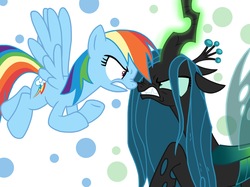 Size: 2732x2048 | Tagged: safe, artist:justsomepainter11, queen chrysalis, rainbow dash, changeling, pegasus, pony, g4, angry, argument, confrontation, glare, high res, show accurate