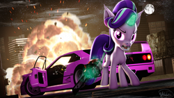 Size: 3840x2160 | Tagged: safe, artist:whiteskyline, starlight glimmer, bat pony, pony, g4, the ending of the end, 3d, chainsaw, city, explosion, female, ferrari f40, high res, looking at you, moon, revamped ponies, solo, starlight glimmer in places she shouldn't be