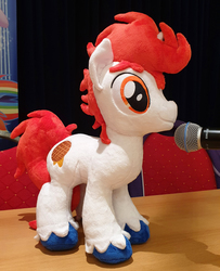Size: 2268x2796 | Tagged: safe, artist:steam-loco, oc, oc:stroopwafeltje, pony, unicorn, broniesnl, convention, convention oc, dutch, high res, horn, irl, microphone, netherlands, photo, plushie, ponycon holland, solo, stroopwafel, unicorn oc