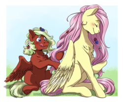 Size: 982x814 | Tagged: safe, artist:hazurasinner, fluttershy, oc, pegasus, pony, g4, blushing, braiding, chest fluff, duo, flower, flower in hair, tongue out