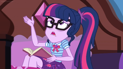 Size: 1600x900 | Tagged: safe, screencap, sci-twi, twilight sparkle, blizzard or bust, equestria girls, equestria girls series, g4, holidays unwrapped, spoiler:eqg series (season 2), bed, book, eye bag, female, geode of telekinesis, glasses, magical geodes, ponytail, tired
