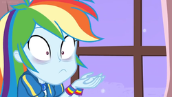Size: 1600x900 | Tagged: safe, screencap, rainbow dash, blizzard or bust, equestria girls, equestria girls specials, g4, my little pony equestria girls: better together, my little pony equestria girls: holidays unwrapped, eye bag, female, geode of super speed, magical geodes, rainbow dash is best facemaker, shrunken pupils, snow, snowfall, solo, tired, window, wristband