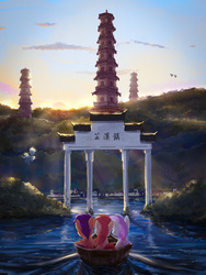 Size: 2736x3648 | Tagged: safe, artist:dreaming heart, apple bloom, scootaloo, sweetie belle, earth pony, pegasus, pony, unicorn, g4, boat, chinese, commission, cutie mark crusaders, female, filly, high res, pagoda, scenery, seresia, town of yun xi, water