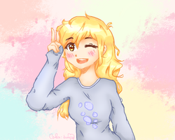 Size: 960x768 | Tagged: safe, artist:cheerymoon2017, artist:cutiekittyfoxpainter, derpy hooves, human, g4, abstract background, blushing, clothes, collaboration, female, humanized, one eye closed, open mouth, peace sign, solo, sweater, wink