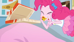 Size: 1600x900 | Tagged: safe, screencap, pinkie pie, blizzard or bust, equestria girls, equestria girls specials, g4, my little pony equestria girls: better together, my little pony equestria girls: holidays unwrapped, cushion, eating, female, food, geode of sugar bombs, magical geodes, meat, pepper, pepperoni, pepperoni pizza, pizza, pizza box, solo