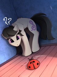Size: 1620x2175 | Tagged: safe, artist:yakovlev-vad, octavia melody, earth pony, insect, ladybug, pony, :<, adorable distress, against wall, arched back, back fluff, backwards cutie mark, behaving like a cat, bristling fur, cheek fluff, coccinellidaephobia, confused, cute, ear fluff, fear, female, floppy ears, frown, hoof fluff, leg fluff, looking at something, mare, question mark, scared, shoulder fluff, sketch, slim, solo, tavibetes, tavicat, wide eyes