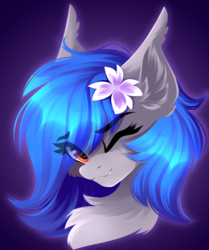 Size: 2569x3077 | Tagged: safe, artist:airiniblock, oc, oc only, bat pony, pony, bat pony oc, commission, female, flower, flower in hair, high res, one eye closed, solo, wink