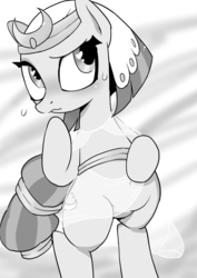 Size: 1700x2400 | Tagged: safe, artist:k-nattoh, somnambula, pegasus, pony, g4, belly, belly button, bipedal, cute, female, heart eyes, hoof on belly, mare, monochrome, shy, solo, standing, thinking, wingding eyes