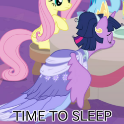 Size: 700x700 | Tagged: safe, edit, edited screencap, screencap, fluttershy, rainbow dash, twilight sparkle, alicorn, pony, g4, the last problem, caption, cropped, crown, image macro, jewelry, regalia, second coronation dress, text, twilight sparkle (alicorn)