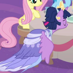 Size: 700x700 | Tagged: safe, screencap, fluttershy, rainbow dash, twilight sparkle, alicorn, pony, g4, the last problem, cropped, crown, jewelry, odd one out, regalia, second coronation dress, twilight sparkle (alicorn)