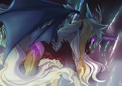 Size: 1063x752 | Tagged: safe, artist:hazurasinner, oc, oc only, oc:princess radiance, chimera, hybrid, abstract background, crying, female, glowing eyes, interspecies offspring, monster, offspring, parent:discord, parent:princess celestia, parents:dislestia, solo, transformation