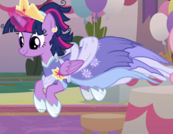 Size: 900x700 | Tagged: safe, screencap, twilight sparkle, alicorn, pony, g4, the last problem, balloon, clothes, coronation dress, cropped, crown, cute, dress, female, hoof shoes, jewelry, jumping, majestic as fuck, mare, messy mane, regalia, second coronation dress, solo, twiabetes, twilight sparkle (alicorn)