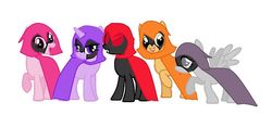 Size: 971x412 | Tagged: safe, earth pony, pegasus, pony, unicorn, angry, base used, cloak, clothes, colors of raven, female, gray eyes, green eyes, happy, lazy, mare, multeity, passionate, pink eyes, ponified, purple eyes, rage, raven (dc comics), red eyes, sad, shy, simple background, smiling, teen titans go, timid