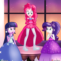Size: 4000x4000 | Tagged: safe, artist:dieart77, pinkie pie, rarity, twilight sparkle, equestria girls, g4, clothes, commission, dancing, dress, legs, open mouth, skirt lift