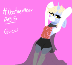Size: 1640x1480 | Tagged: safe, artist:nootaz, oc, oc only, oc:nootaz, pony, unicorn, semi-anthro, arm hooves, bedroom eyes, clothes, dress, female, floppy ears, gucci, jojo pose, jojo's bizarre adventure, looking at you, mare, nootvember, nootvember 2019, pink background, ponified, simple background, solo