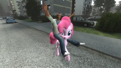 Size: 1920x1080 | Tagged: safe, artist:grapefruitface1, derpibooru exclusive, pinkie pie, human, pony, g4, 3d, building, car, city, doctor who, game screencap, gmod, human on pony action, interspecies, phil collins, riding a pony, road, source filmmaker, tardis