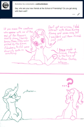 Size: 1276x1920 | Tagged: safe, artist:asklustiedawn, artist:edhelistar, luster dawn, ocellus, changedling, changeling, pony, unicorn, tumblr:ask luster dawn, g4, the last problem, ..., ask, awww, confused, dialogue, female, frog (hoof), lineart, looking at each other, looking at you, mare, mixed media, older ocellus, ponytail, question mark, talking to viewer, text, tumblr, underhoof