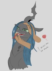 Size: 1666x2263 | Tagged: safe, artist:stink111, queen chrysalis, changeling, changeling queen, human, pony, g4, a better ending for chrysalis, adoracreepy, changelings in the comments, creepy, cute, cutealis, fangs, female, forked tongue, hands on head, heart, human on pony petting, petting, simple background, tongue out