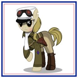 Size: 1024x1024 | Tagged: safe, artist:brony-works, earth pony, pony, clothes, female, goggles, holster, kepi, mare, military, scarf, soldier, solo, torn ear, uniform, world war ii