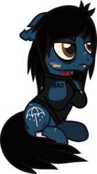 Size: 541x964 | Tagged: safe, artist:lightningbolt, derpibooru exclusive, earth pony, pony, undead, zombie, zombie pony, g4, .svg available, bags under eyes, bloodshot eyes, blushing, bone, bring me the horizon, clothes, colored blushing, crossed hooves, ears back, fangs, grumpy, long sleeves, male, oliver sykes, ponified, scar, shirt, show accurate, simple background, sitting, solo, stallion, stitches, svg, tattoo, transparent background, vector