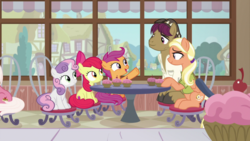 Size: 1920x1080 | Tagged: safe, screencap, apple bloom, fuchsia frost, mane allgood, scootaloo, snap shutter, sweetie belle, earth pony, pegasus, pony, unicorn, g4, the last crusade, background pony, cupcake, cutie mark crusaders, female, filly, food, friendship student, male, mare, stallion