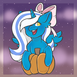Size: 800x800 | Tagged: safe, artist:crystalsketch342, oc, oc only, oc:fleurbelle, alicorn, pony, adorabelle, adorable face, alicorn oc, bow, cute, female, hair bow, halloween, happy, holiday, mare, ocbetes, pumpkin, sweet, yellow eyes