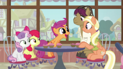 Size: 1920x1080 | Tagged: safe, screencap, apple bloom, mane allgood, scootaloo, snap shutter, sweetie belle, earth pony, pegasus, pony, g4, the last crusade, cutie mark crusaders, female, male, mare, stallion