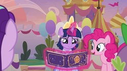 Size: 1920x1080 | Tagged: safe, screencap, pinkie pie, spike, starlight glimmer, twilight sparkle, alicorn, dragon, pony, g4, the last problem, balloon, book, crown, jewelry, magic, regalia, second coronation dress, twilight sparkle (alicorn), winged spike, wings