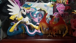 Size: 4032x2268 | Tagged: safe, princess celestia, alicorn, bird, phoenix, pony, g4, female, guardians of harmony, irl, mare, photo, toy