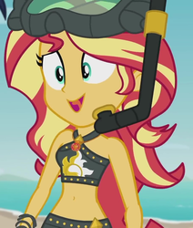 Size: 914x1080 | Tagged: safe, screencap, sunset shimmer, equestria girls, g4, my little pony equestria girls: better together, unsolved selfie mysteries, beach, beach babe, belly button, bikini, bikini babe, clothes, cropped, cute, dive mask, female, geode of empathy, goggles, magical geodes, midriff, open mouth, shimmerbetes, sleeveless, smiling, snorkel, solo, summer sunset, sunset shimmer's beach shorts swimsuit, swimsuit