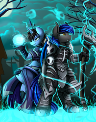 Size: 2308x2947 | Tagged: safe, artist:pridark, oc, oc only, oc:tinker doo, bat pony, unicorn, anthro, unguligrade anthro, armor, bat pony oc, clothes, cloud, duo, electricity, full moon, high res, magic orb, male, moon, necromancer, night, scenery, skull, staff, stallion, weapon, wizard