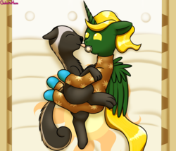 Size: 3500x3000 | Tagged: safe, artist:galacticham, oc, oc only, oc:abigail the beloved skunk, oc:prince ecosis, alicorn, pony, skunk, alicorn oc, baby, baby pony, clothes, crib, high res, hug, licking, pacifier, pajamas, tongue out