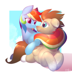 Size: 2383x2422 | Tagged: safe, artist:b-epon, rainbow dash, oc, oc:skittle, pegasus, pony, g4, :p, canon x oc, coat markings, cute, eye contact, female, high res, looking at each other, male, mare, prone, shipping, skidash, smiling, stallion, straight, tongue out