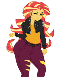 Size: 2600x3200 | Tagged: safe, artist:mashoart, sunset shimmer, equestria girls, equestria girls series, sunset's backstage pass!, spoiler:eqg series (season 2), ass, bunset shimmer, butt, clothes, cutie mark on clothes, female, looking at you, pants, simple background, solo, the ass was fat, thick, torn clothes, white background, wide hips