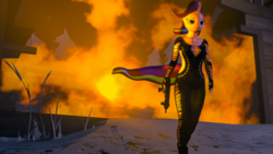 Size: 3840x2160 | Tagged: safe, artist:helioseusebio, starlight glimmer, anthro, plantigrade anthro, g4, the ending of the end, 3d, badass, cool guys don't look at explosions, fire, gun, high res, source filmmaker, starlight glimmer in places she shouldn't be, submachinegun, weapon, windswept mane