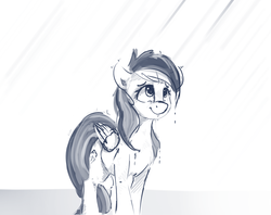 Size: 1280x1012 | Tagged: safe, artist:thefloatingtree, rainbow dash, pegasus, pony, g4, female, folded wings, looking up, mare, monochrome, rain, sketch, smiling, solo, three quarter view, wet mane, wings