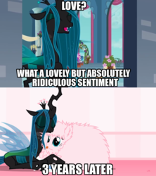 Size: 681x767 | Tagged: safe, artist:mixermike622, edit, edited screencap, screencap, princess cadance, queen chrysalis, shining armor, oc, oc:fluffle puff, changeling, changeling queen, pony, tumblr:ask fluffle puff, a canterlot wedding, a better ending for chrysalis, adorkable, alternate scenario, alternate timeline, alternate universe, canon x oc, caption, character development, chrysipuff, comic, cuddling, cute, cutealis, dialogue, dork, dorkalis, everything went better than expected, evil, eyes closed, fangs, female, good, good end, happy, hug, image macro, irony, laughing, lesbian, love, mare, mind blown, redemption, reformed, shipping, silly, silly pony, sitting, smiling, snuggling, subversion, sweet dreams fuel, talking, teeth, text, what if, wings
